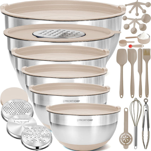 Priority Chef Stainless Steel Mixing Bowls with Lids Set - Premium 30Pcs with 6pc Metal Bowl Set for Kitchen, 3 Graters, Airtight Lids, Non-Slip Bases & Silicone Utensils, Khaki