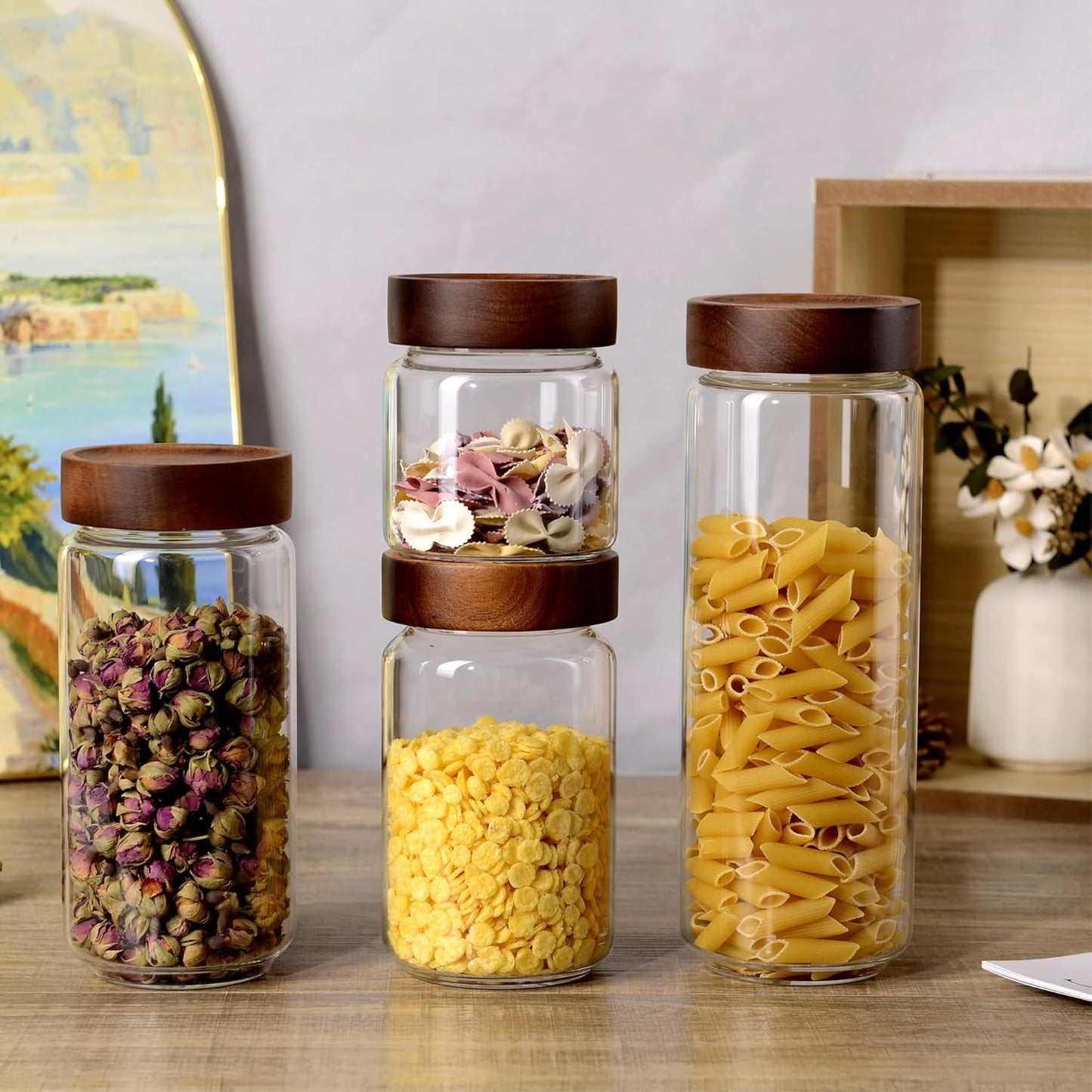 40 oz/1200 ml Glass Jar with Airtight Wooden Screw Top Lid, Clear Stackable Food Storage Canister, Large Tall Decorative Glass Container for Coffee, Candy, Cookie, Sugar, Oatmeal, Salt, Pasta