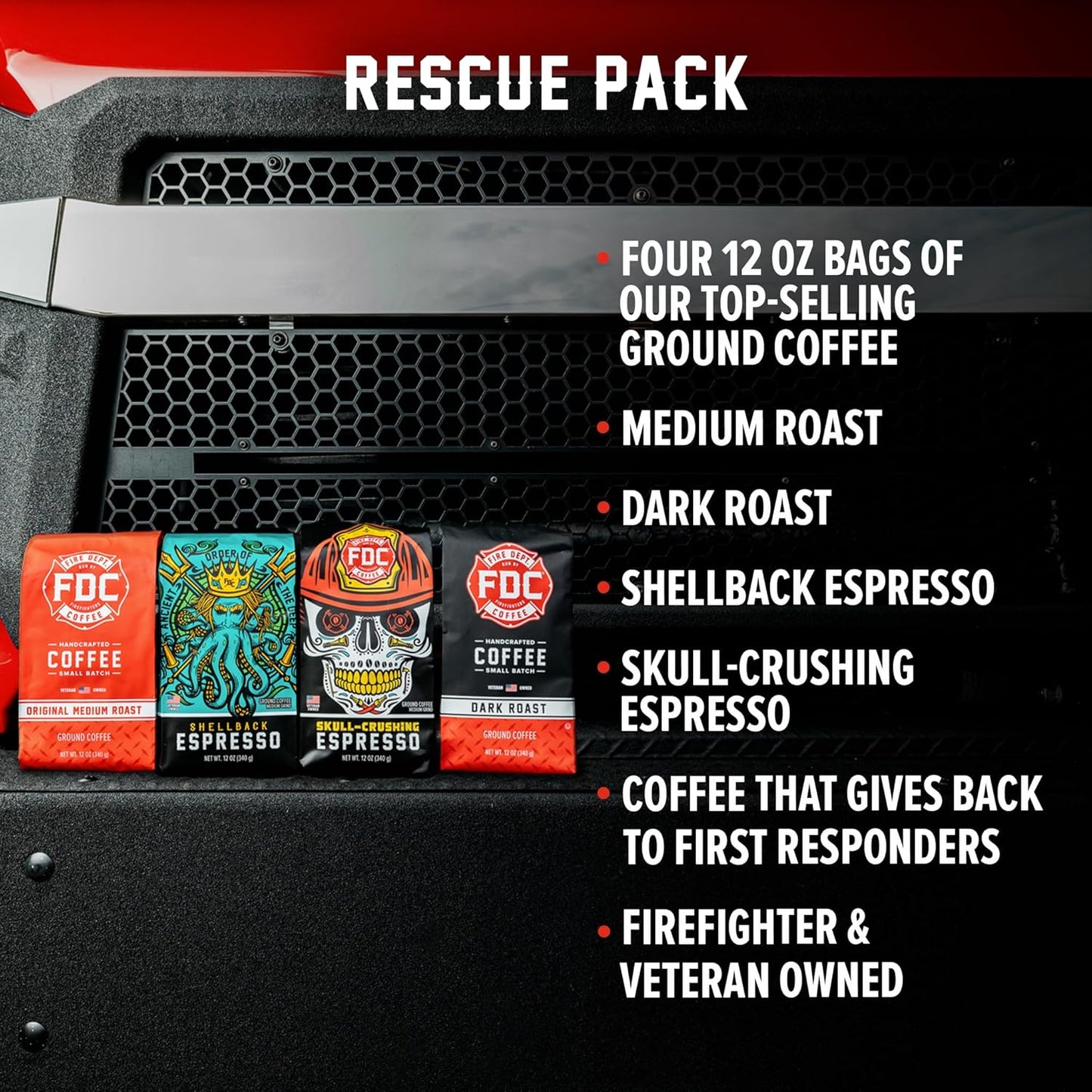 Fire Department Coffee - Gives Back to Firefighters - Rescue Variety Pack - Ground Coffee - Medium, Dark, Shellback Espresso, & Skull Crushing Espresso - Veteran Owned (12 oz, Pack of 4)
