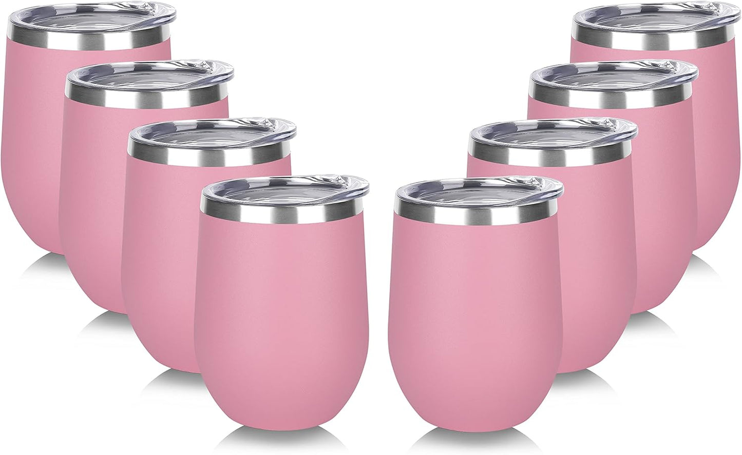 DOMICARE Stainless Steel Wine Tumbler Bulk with Lid, Personalized Insulated Tumblers Set, 12oz Travel Coffee Cups Pack of 8, Pink