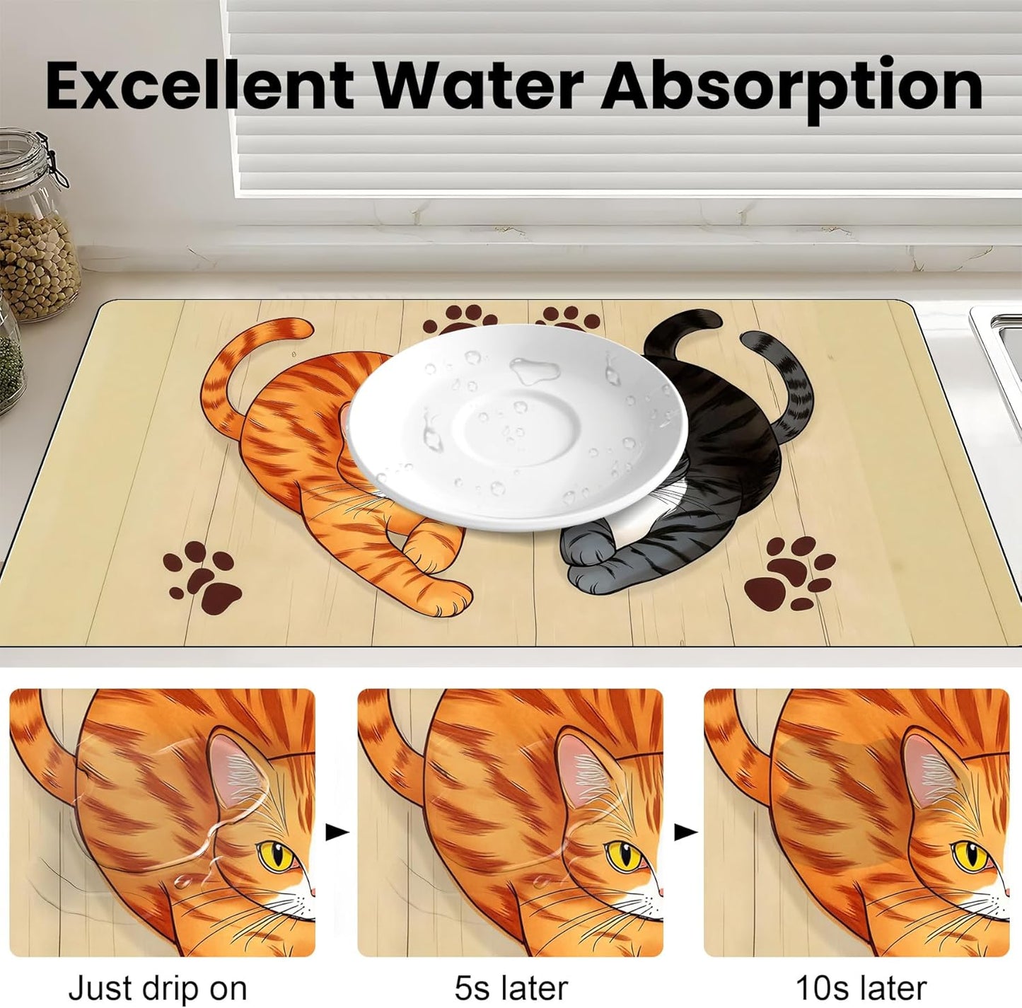 17"x 32" Coffee Bar Mat, Cats Absorbent Dish Drying Mat Cuttable Hide Stain Draining Table Pad for Kitchen Counter, Coffee Bar Accessories