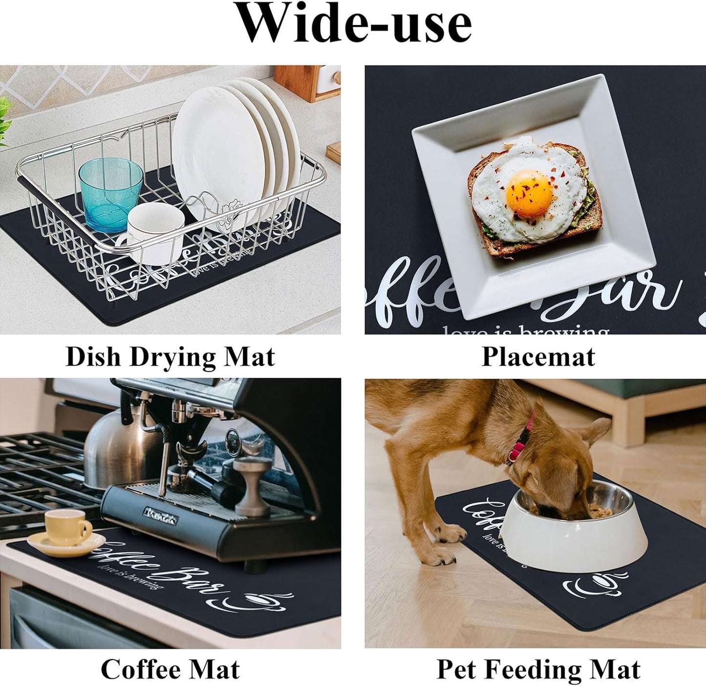 SHACOS Large Coffee Mat 2-Pack 16x24 Inch Absorbent Non Slip Mats for Countertop Bar Accessories Heat Resistant, Black