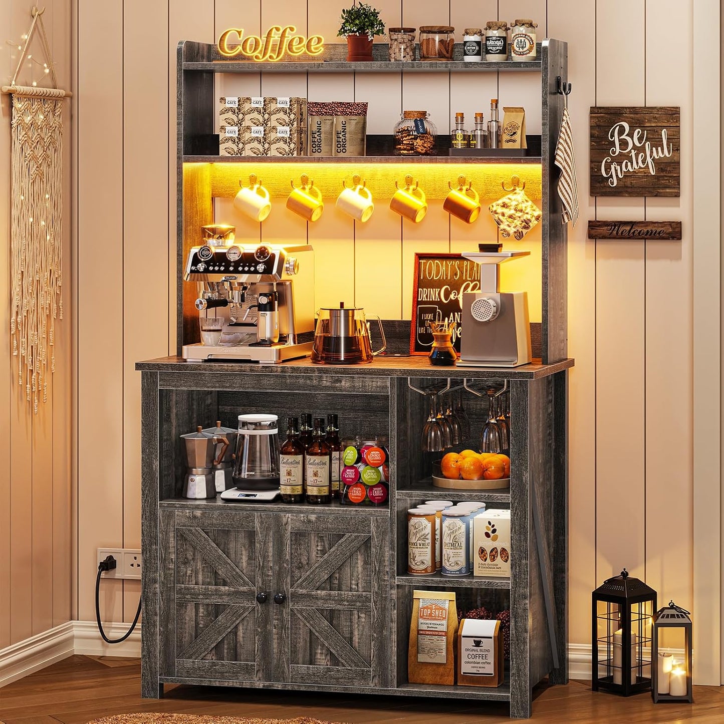 Itaar Coffee Bar Cabinet, Bakers Rack with Power Outlet and Storage, Farmhouse Microwave Stand Kitchen Cabinet with Hutch, LED Lights, Wine Glass Holder and 8 Hooks (Grey)
