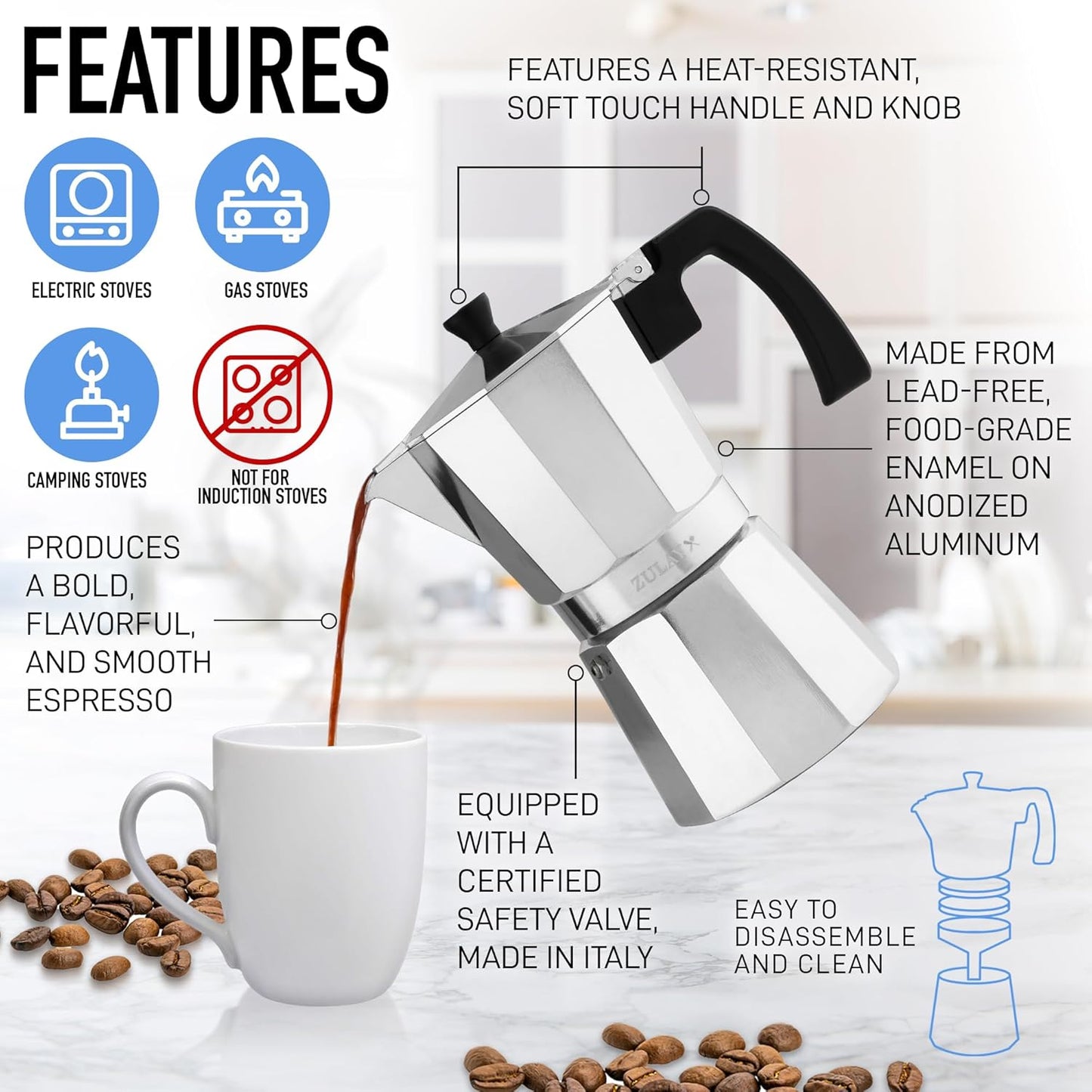 Zulay Moka Pot Espresso Stovetop Coffee Maker - Leak-Proof, Stainless Steel, Easy to Clean, Heat Resistant Handle & Knob -for Authentic Cuban & Italian Style Espresso - Makes 12 Espresso Cups - Silver