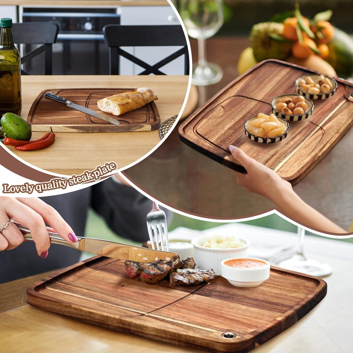 Uiifan 4 Pcs Steak Plates with Juice Channel Wooden Steak Board Set Acacia Cutting Serving Board for Home Serving Eating Meat Dishes Snack Dessert, 13 x 11 x 0.6 Inch