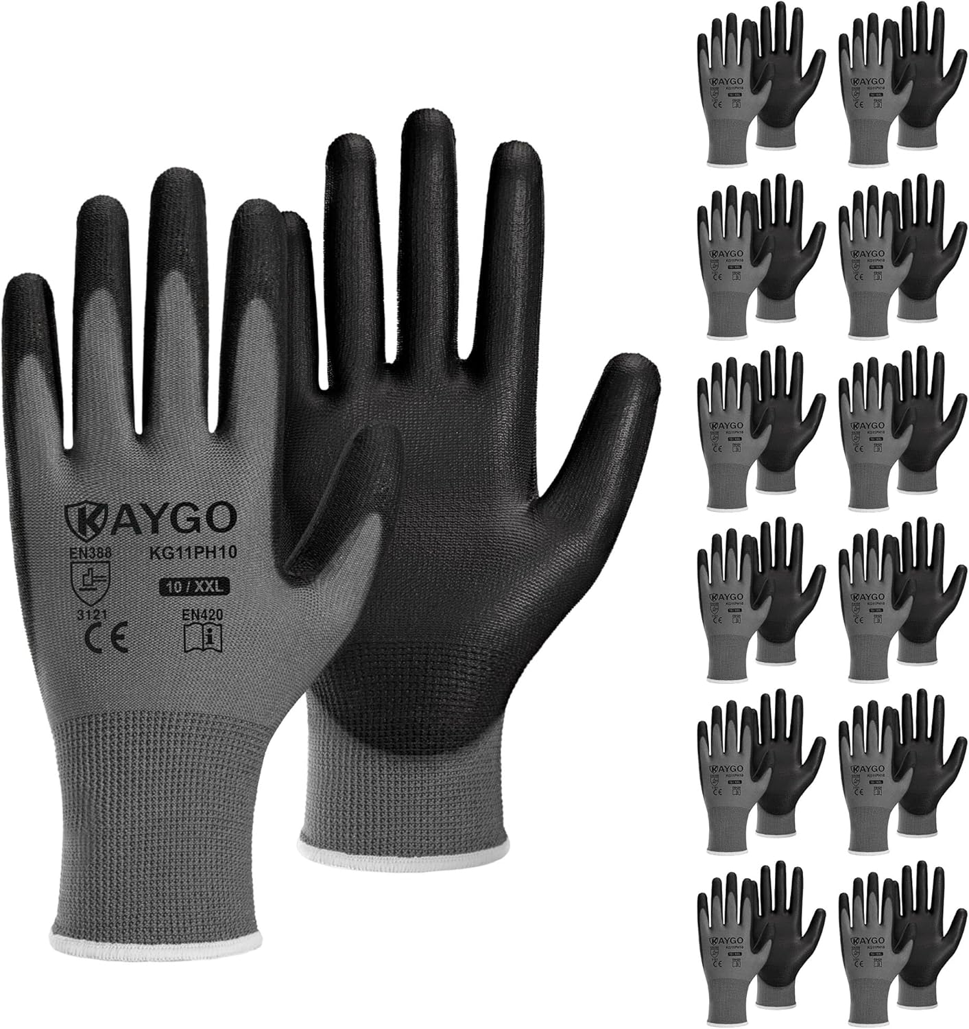 KAYGO Safety Work Gloves PU Coated-12 Pairs, KG11PB, Seamless Knit Glove with Polyurethane Coated Smooth Grip on Palm & Fingers, for Men and Women(X-Large (Pack of 12), Grey)