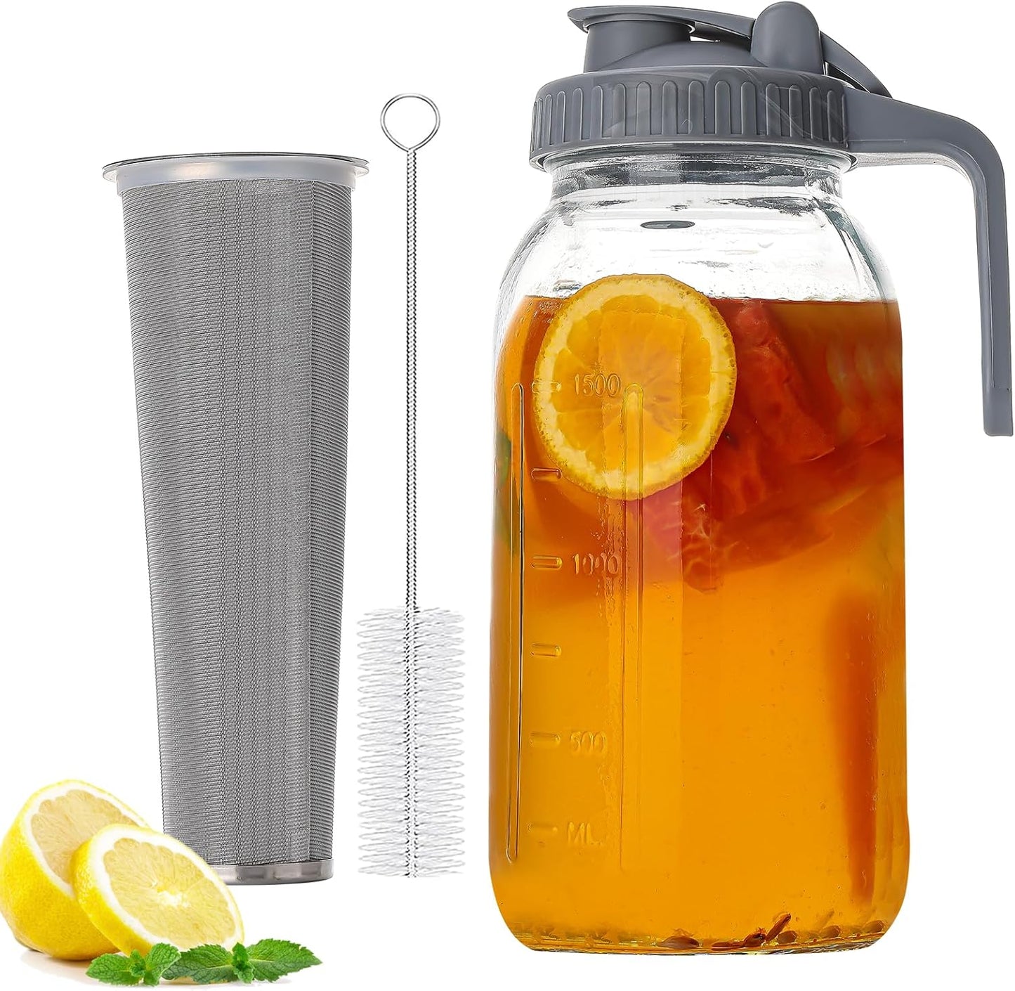 Cold Brew Maker with V-Spout, 2 Quart (64oz) Glass Pitcher with Lid, Easy Pour Breast Milk Pitcher for Iced Tea, Cold Brew Coffee, Milk and Water - Grey