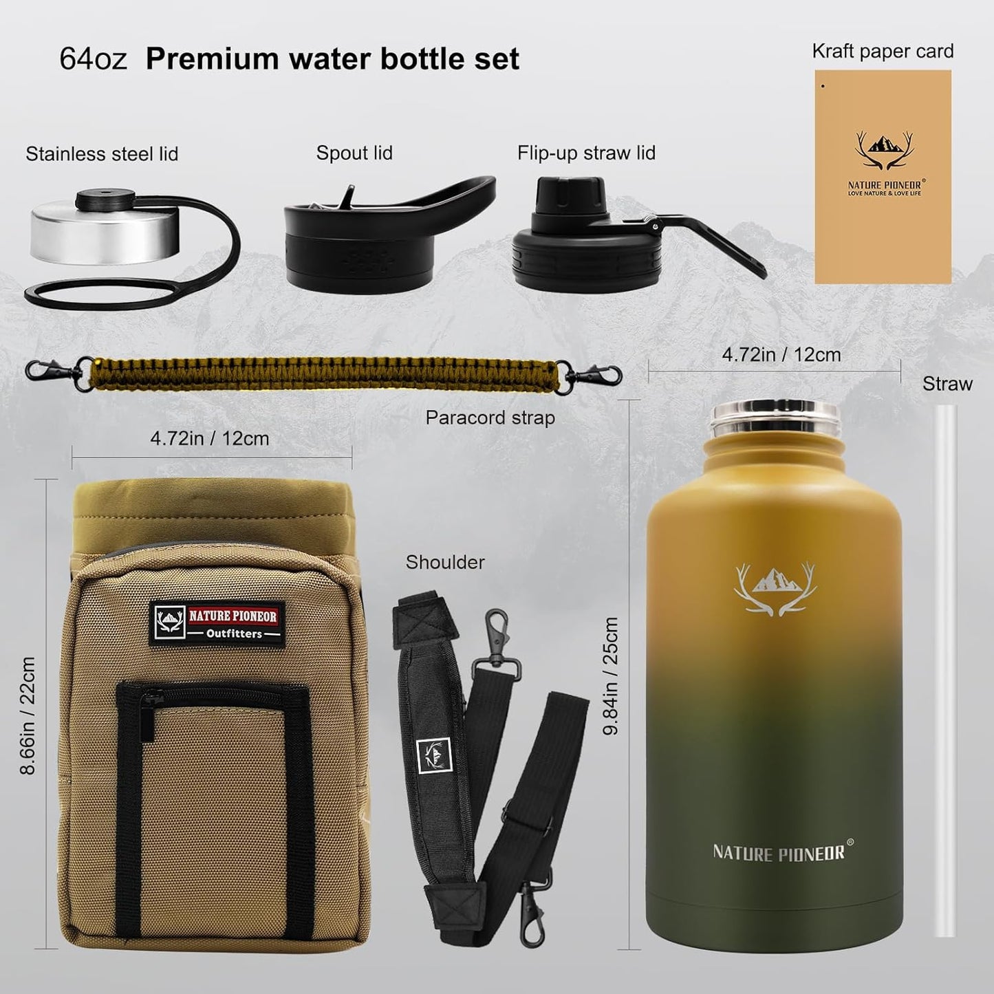 NATURE PIONEOR Insulated Water Bottles with Straw - 64oz Stainless Steel Vacuum Bottle with Holder/Carrier/Sleeve - Reusable 18/8 Food Grade Half Gallon Water Jug