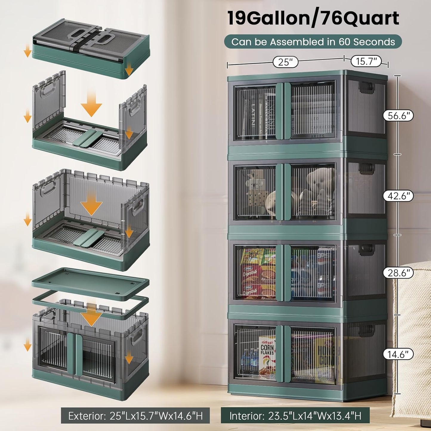 19Gal Collapsible Storage Bins with Lids & Wheels - 1 Pack Stackable with Doors, Heavy-Duty Plastic Containers for Home/Office, Green