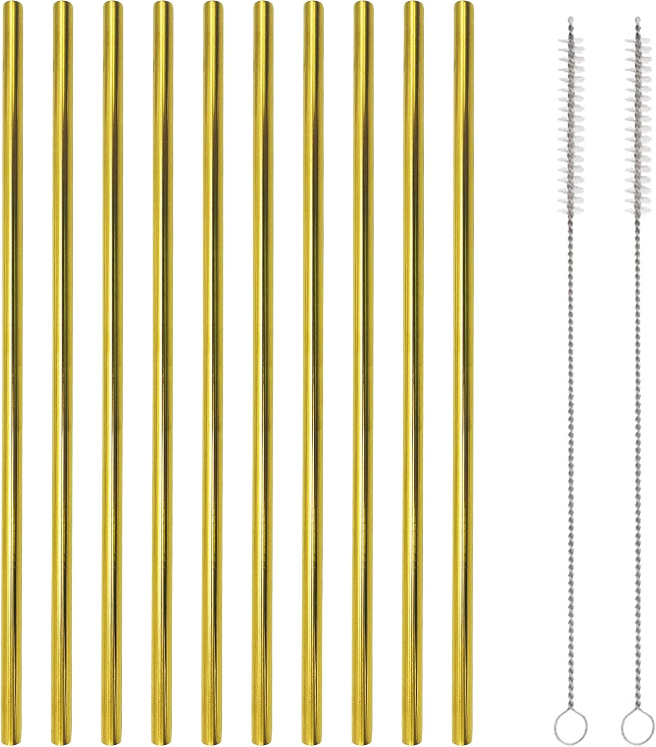 10 Pcs Stainless Steel Straws, Reusable Drinking Straws, Straight Metal Straw Sets with 2 Pcs Cleaning Brushes (8.5 Inch, Gold)