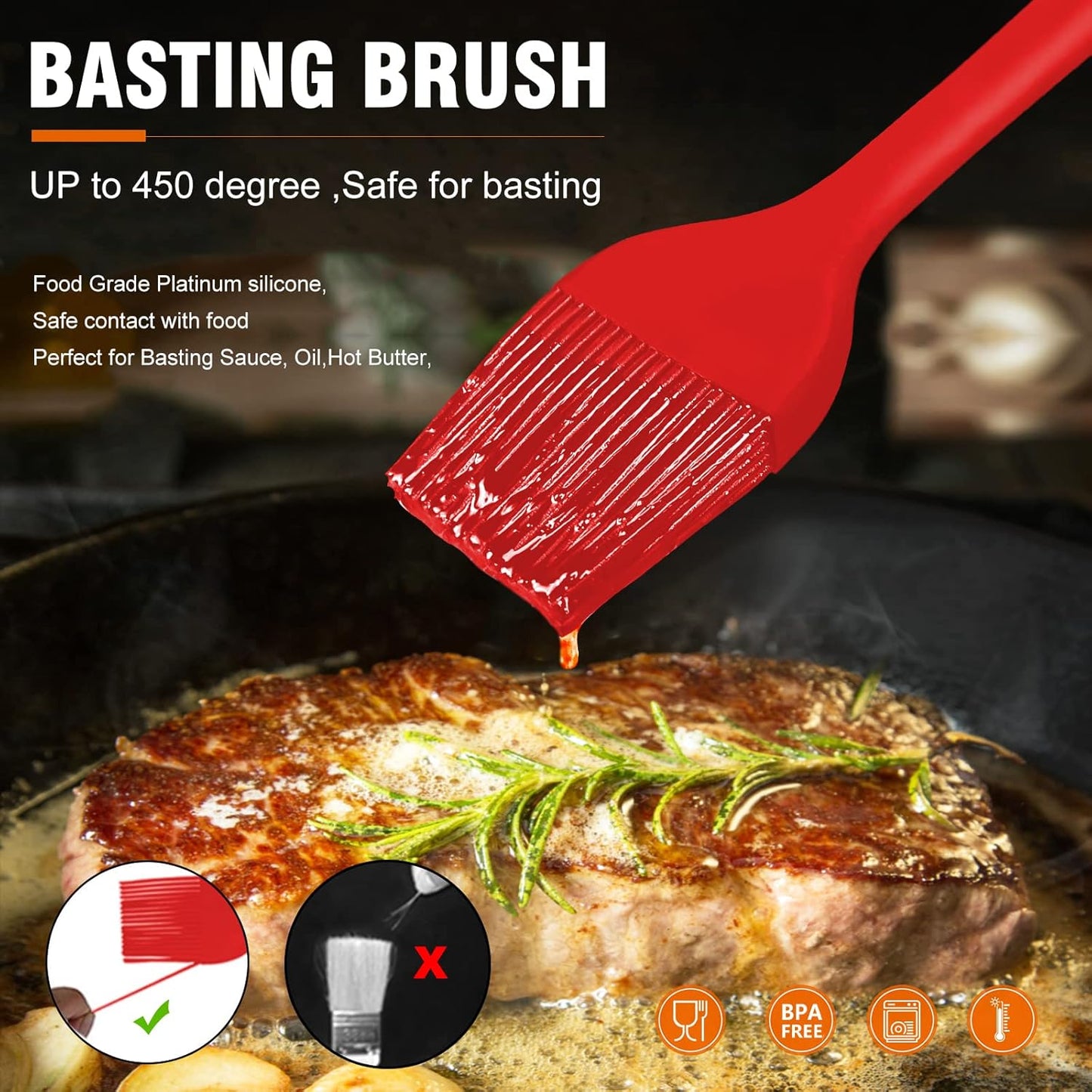 Walfos 3 Size Basting Pastry Brush, Silicone Pastry Brushes for Barbecue, Baking, Desserts, Cooking Brush for Kitchen - Strong Stainless Steel Core