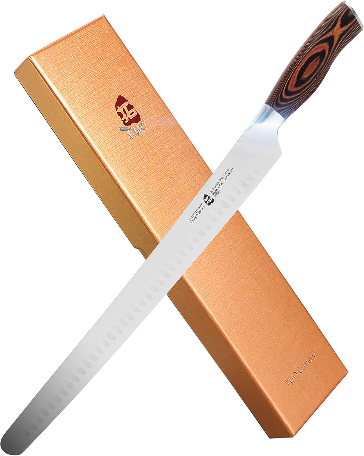 TUO Slicing Knife 14 inch - Long Carving Knives Professional Granton Slicer Hollow Ground Carver for Meat & Vegetable - German HC Steel & Ergonomic Pakkawood Handle - Gift Box Included - Fiery Series