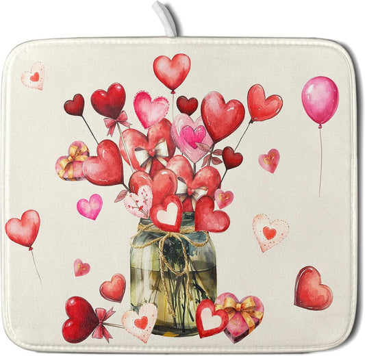 Valentine's Day Dish Drying Mat for Kitchen Counter,Red Love Canes Hearts Decorative Mason Jar Drying Mat 16 x 18 Inch with High Absorbent Microfiber Drainer Mat for Coffee Bar