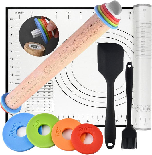 Adjustable Rolling Pin 4 Set and Silicone Baking Pastry Mat Setpastry,Siliconebrush and spatul,AdjustableThickness Rings,Wooden Dough Roller Rolling Pins for Baking Dough, Pizza, Pie