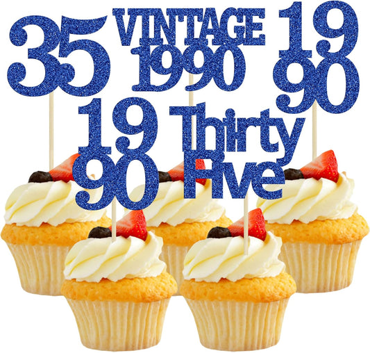 Gyufise 24Pcs Vintage 1990 Cupcake Toppers Glitter Cheers to 35 Fabulous Thirty Five Cupcake Picks 35th Birthday Wedding Anniversary Party Cake Decorations Supplies Deep Blue