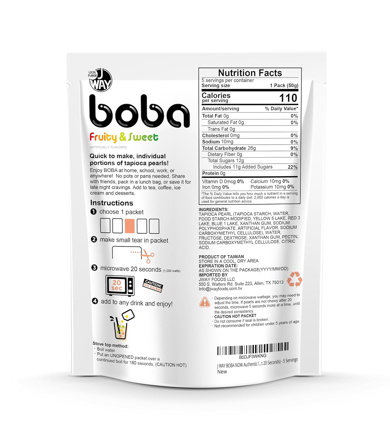 J WAY BOBA Authentic Instant Tapioca Boba Pearls for Milk Tea, Smoothies and Desserts, Tropical Fruit Flavor (Ready in Just 20 Seconds) - 5 Servings