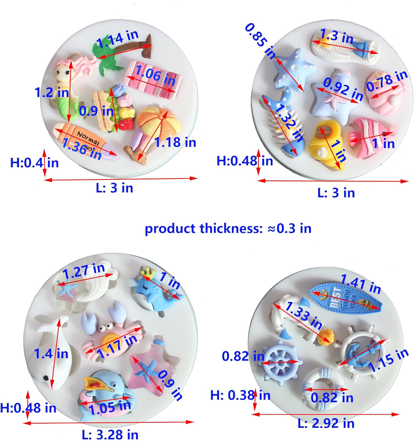 Lovely Small Items Silicone Fondant Molds Set For Cake Topper, Gumpaste, Candy & Chocolate, Polymer Clay and More (Sea life & Beach)