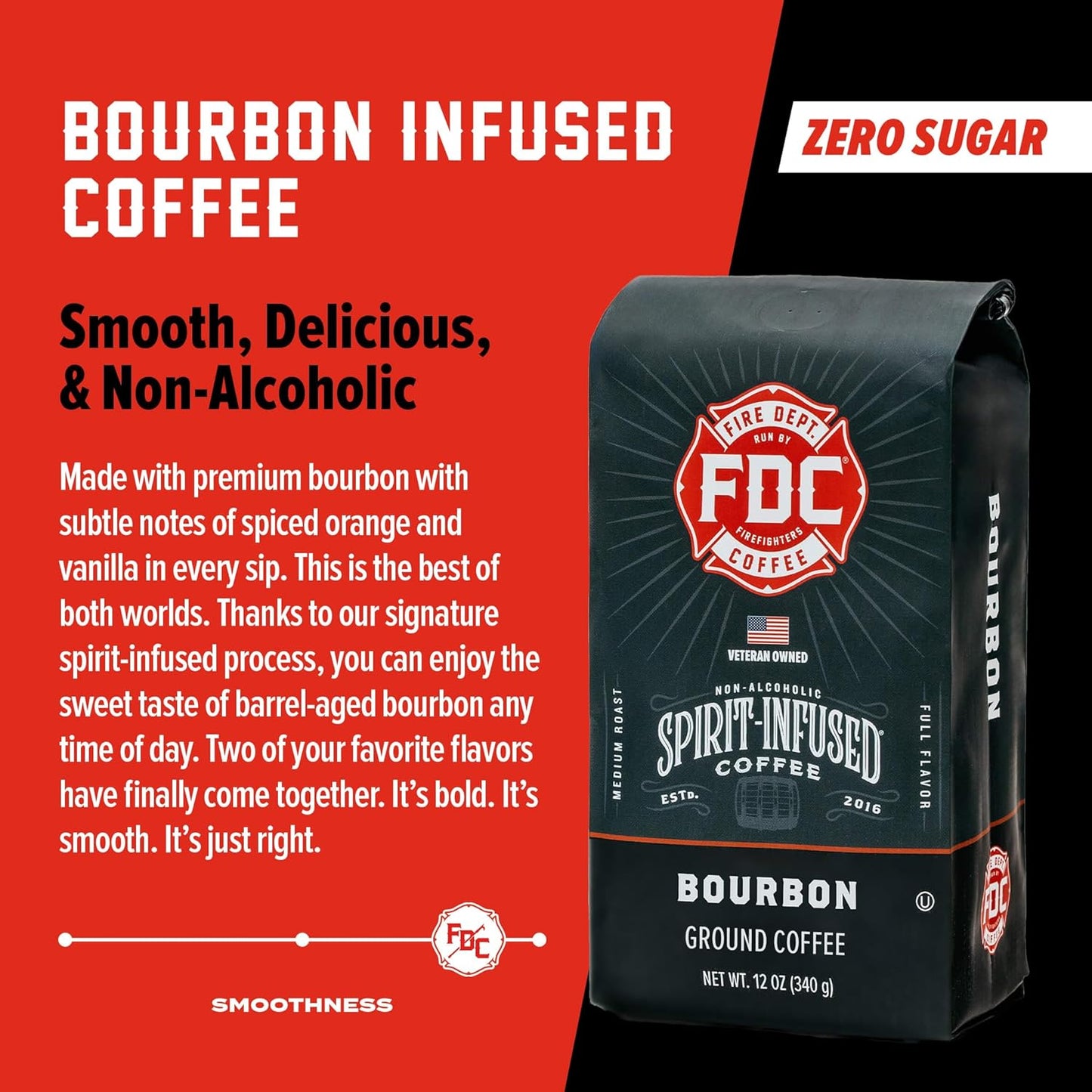 Fire Department Coffee - Bourbon Coffee - Gives Back to Firefighters - Premium Bourbon Infused Grounds - Medium Roast - Non-Alcoholic - Roasted in the USA - Veteran Owned - 12 oz