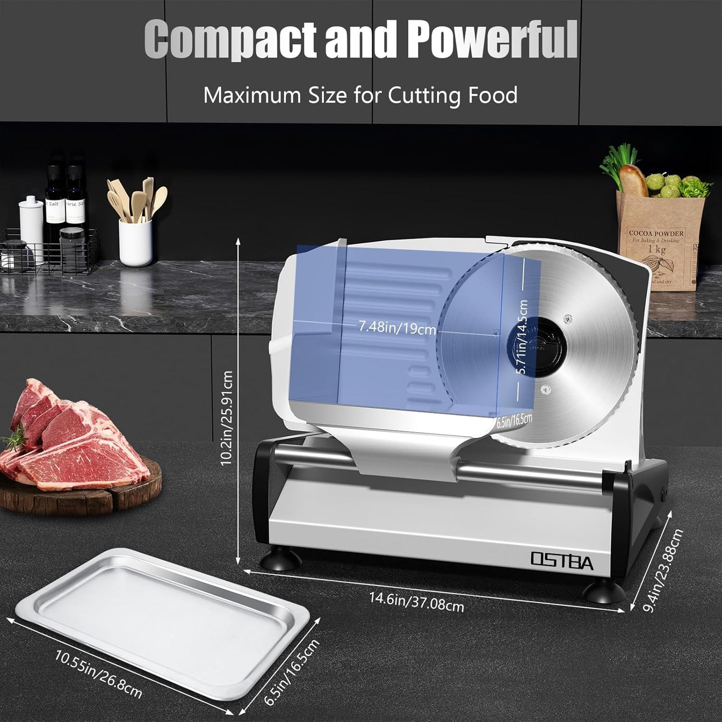 OSTBA Meat Slicer with Quiet DC Motor, 200W Electric Deli Slicer, Dual 7.5'' Stainless Steel Blades, 0-15mm Adjustable Thickness, Easy to Clean, Ideal for Meat, Cheese, Bread, and Vegetables