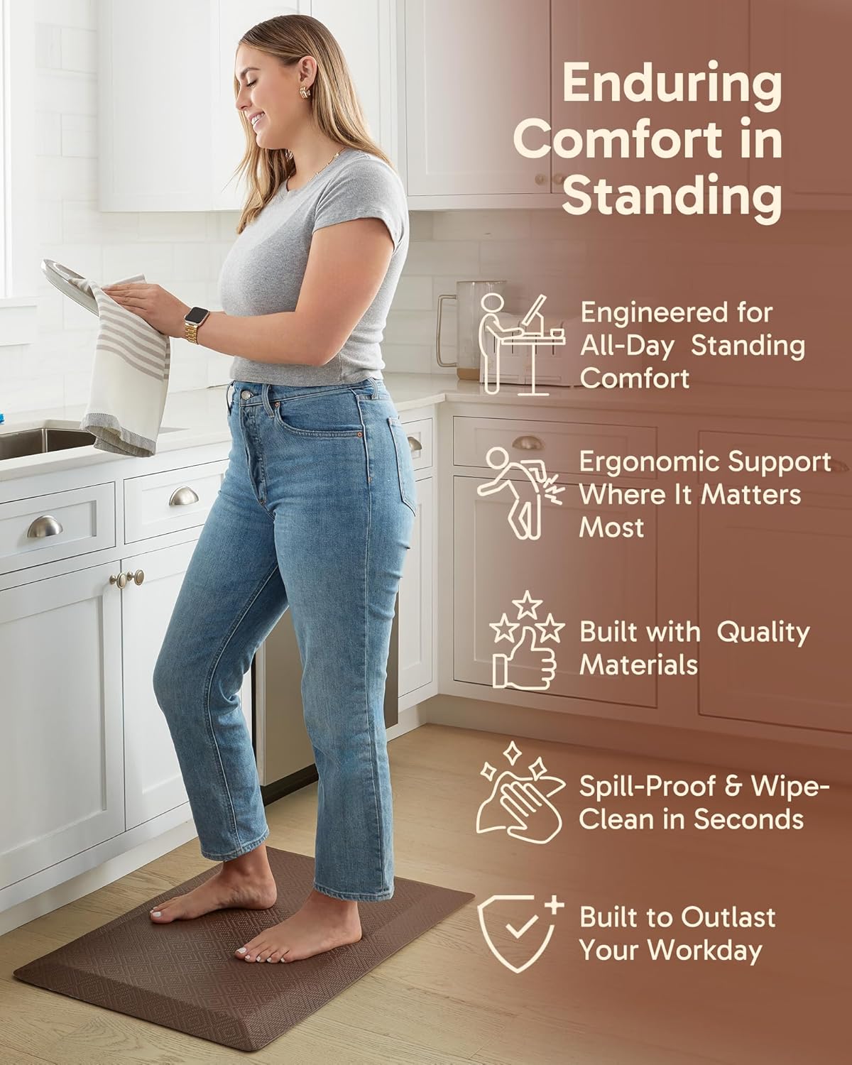 Ophanie Kitchen Mats for Floor, 3/4 Inch Thick Kitchen Rugs, 24'' x 70'' Anti Fatigue Standing Cushioned Mat, Waterproof,Comfort Ergonomic Mat for Office, Home, Sink, Brown Non-Slip Bottom