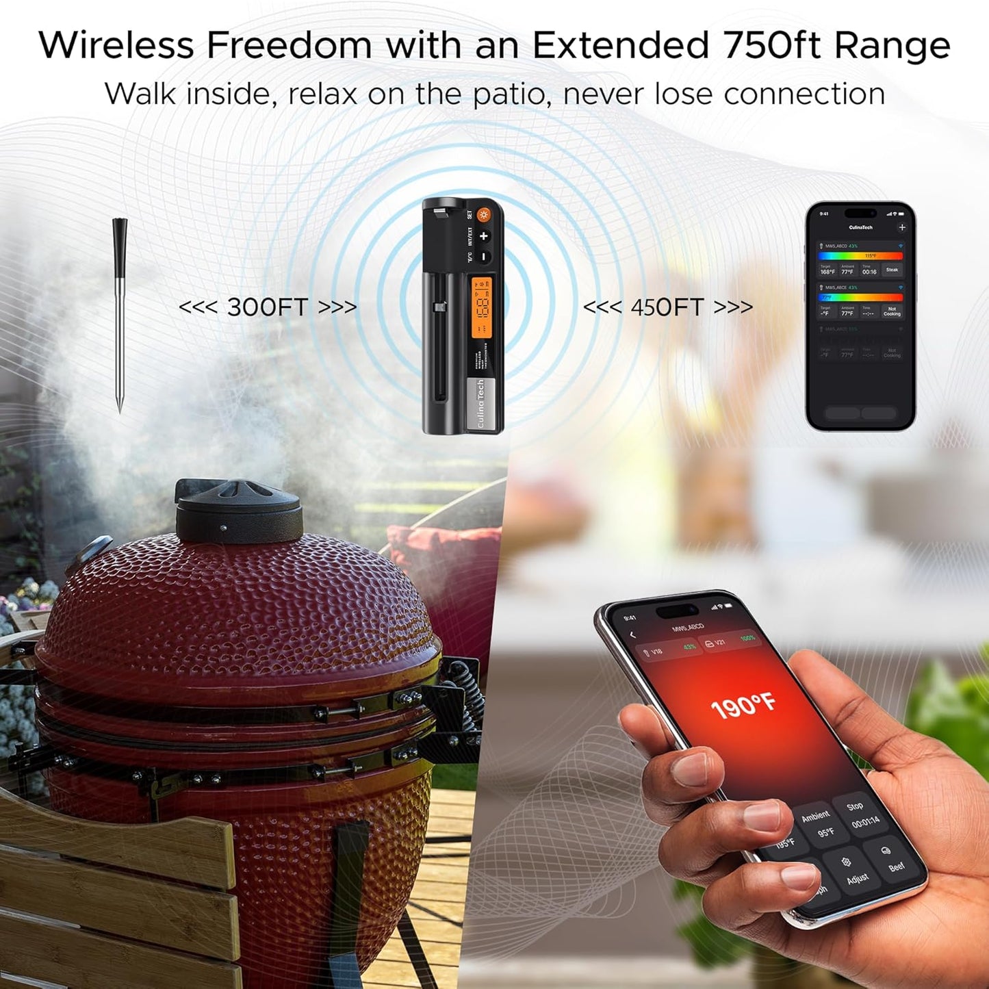 CulinaMeter One: 700FT Wireless Meat Thermometer with LCD Screen, Digital Cooking Food Thermometer for Beef Lamb Turkey, Dual Sensor Measures Internal & Ambient Temp