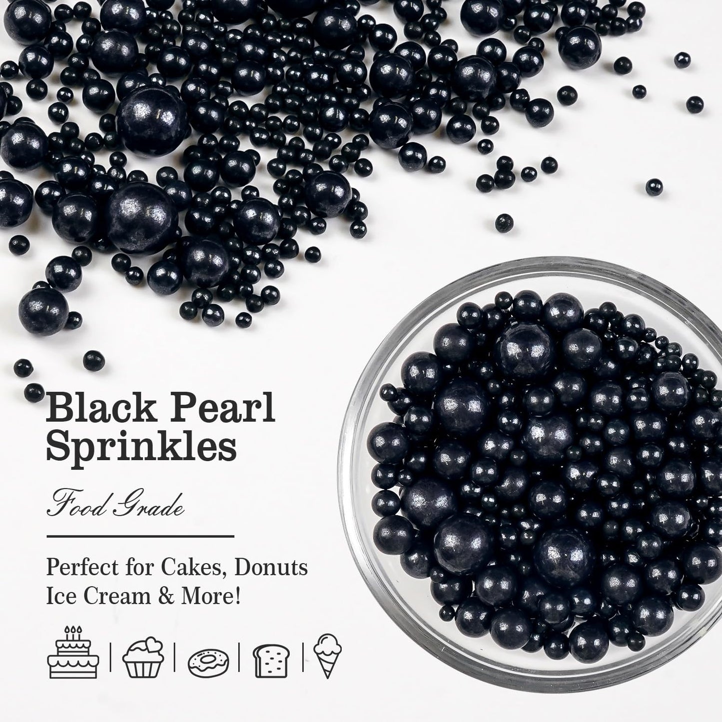 Black Pearl Sugar Sprinkles, Edible Black Sprinkles for Cake Decorating, 150g/5.29oz, Baking Cake Decorations, Ice Cream Toppers, Cupcakes, Cookies, Birthday, Wedding Party Chirstmas Supplies