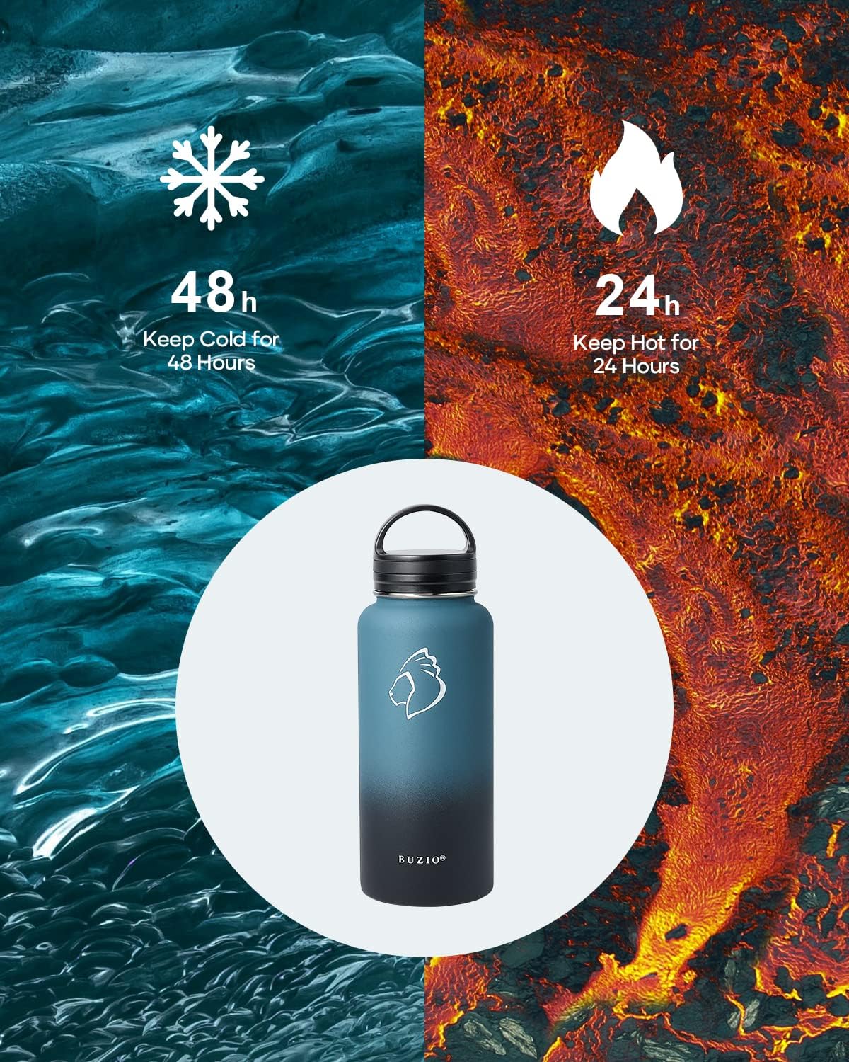 BUZIO 32 oz Water Bottle Insulated with Straw & 3 lid and Carrying Pouch, Leak Proof Anti-Slip Stainless Steel Water Flask Jug, Cold for 48 Hrs Double Vacuum Thermo Canteen, BPA-Free, Indigo Crush