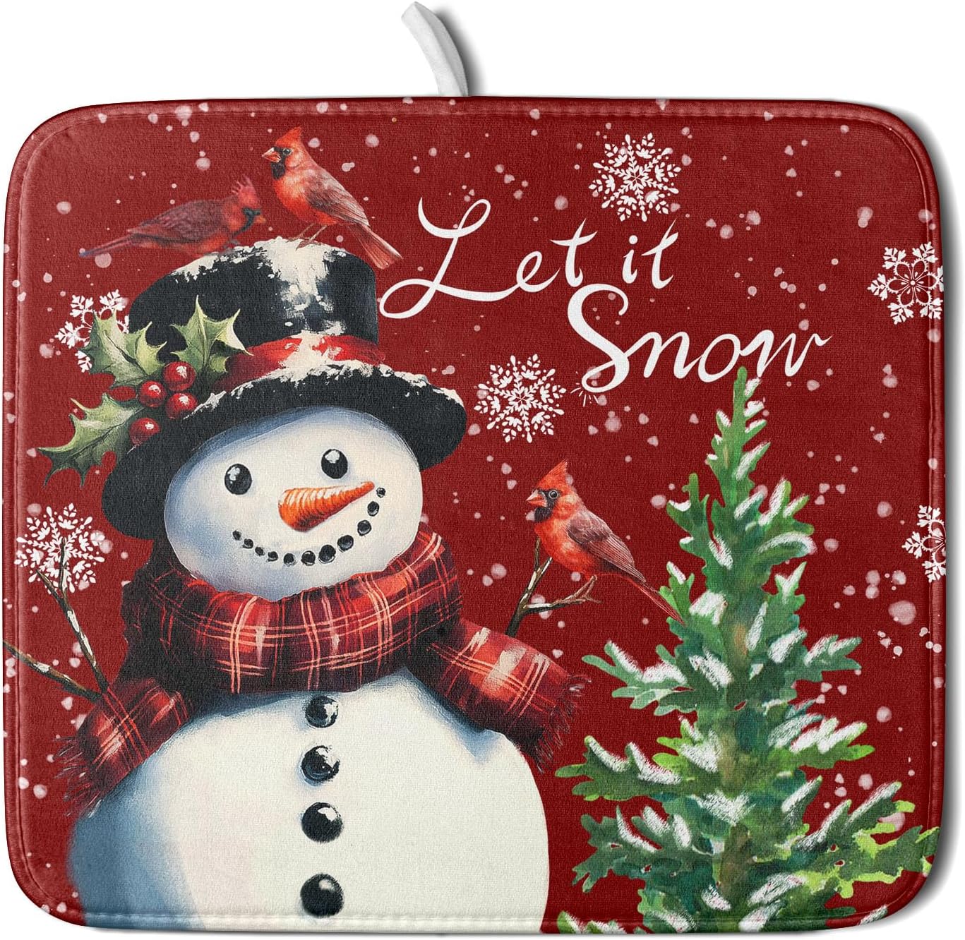Let It Snow Winter Snowflake Red Dish Drying Mat for Kitchen Counter,Xmas Trees Snowman Cardinal Bird Drying Mat 16 x 18 Inch with High Absorbent Microfiber Drainer Mat for Coffee Bar