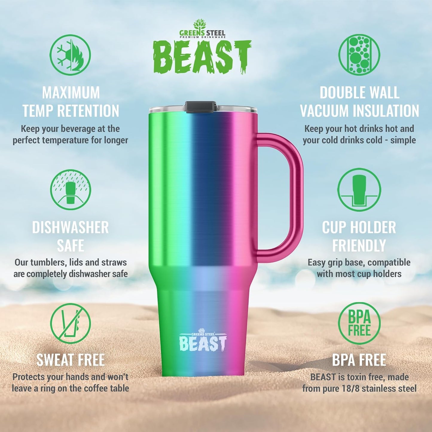 Beast 42 oz Tumbler Stainless Steel Vacuum Insulated Coffee Ice Cup Double Wall Travel Flask (Rainbow)