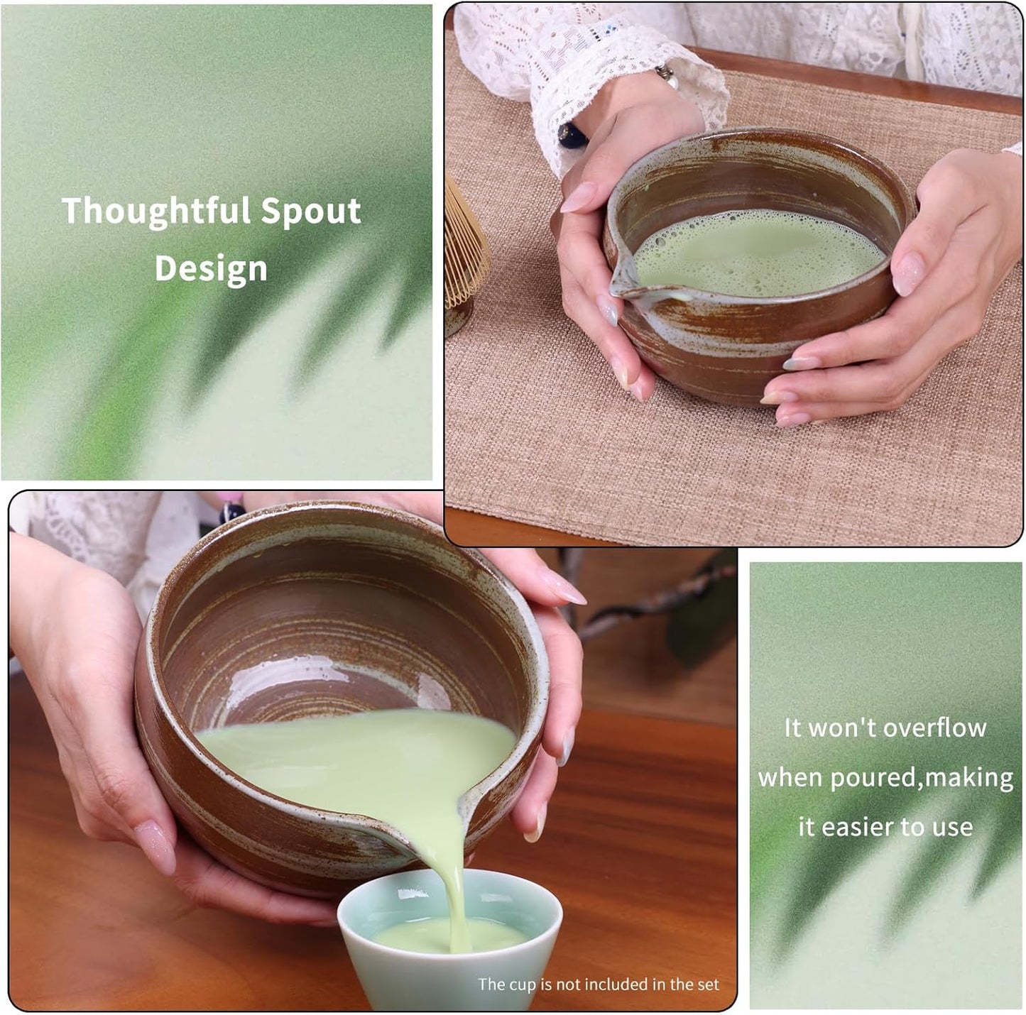 Japanese Matcha Whisk Set - 6-Piece Kit with Bamboo Chasen, Matcha Ceramic Bowl with Spout, Stainless Steel Sifter Brown