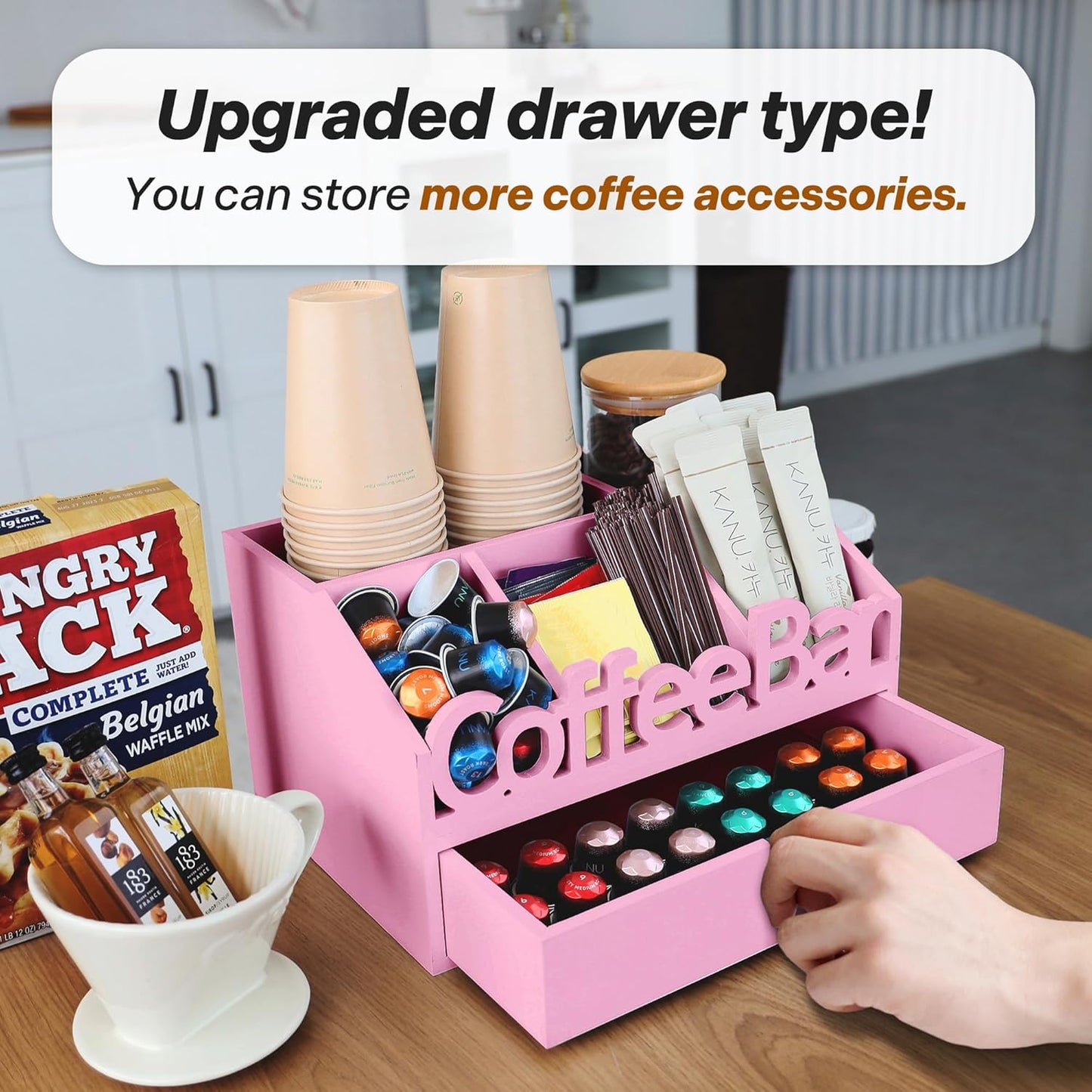 Coffee Bar Organizer for Countertop – Wooden Coffee Station with Black Drawer, Tea and K Cup Storage Rack, Coffee Pod Holder for Home and Office Counter Organization (Drawer - Pink)