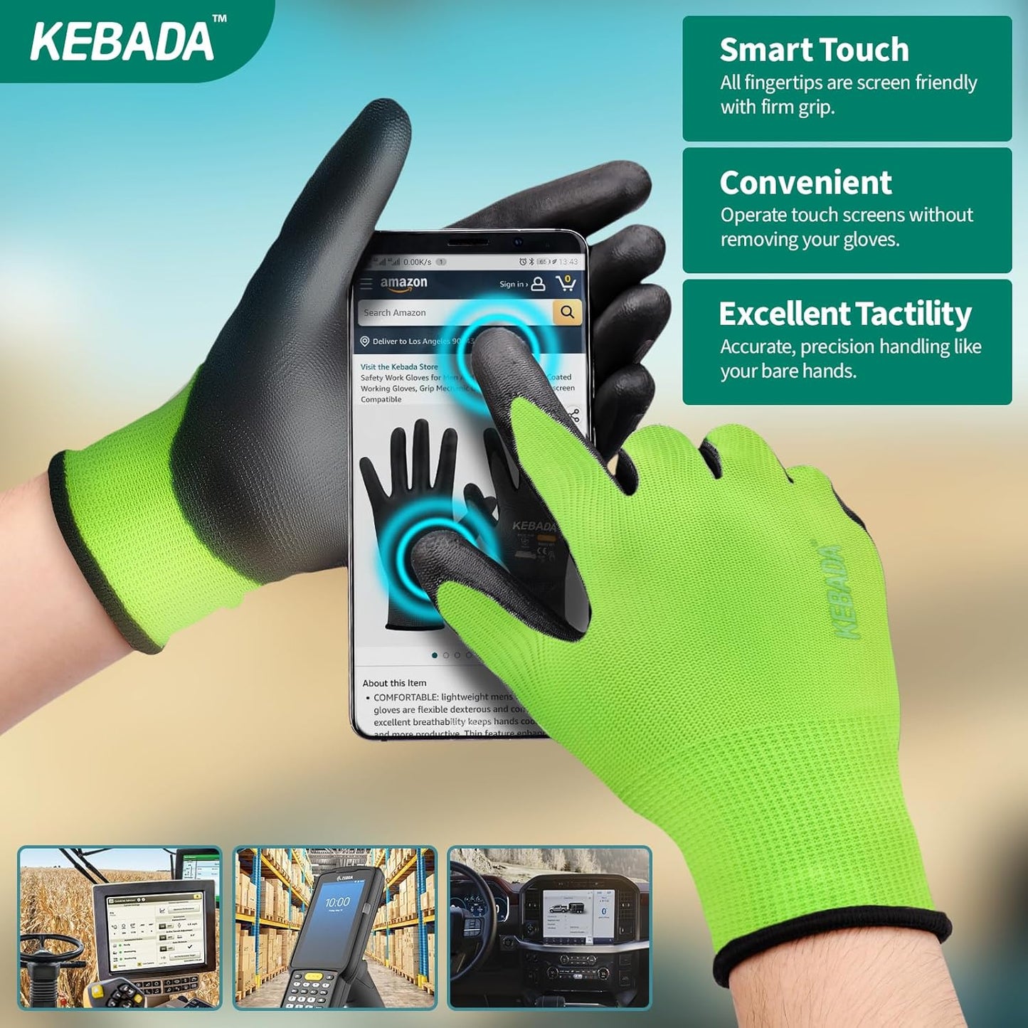 Kebada W1 Work Gloves for Men and Women, PU Coated Safety Gloves with Grip, Touchscreen, Ideal for Warehouse Package Handling, Construction, Gardening, Green Large