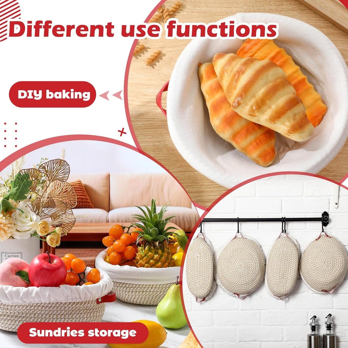 Gejoy 6 Set Cotton Rope Banneton Bread Proofing Basket with Cloth Liner and Plastic Scraper Banneton Dough Sourdough Proofing Bowls Kit for Home Sourdough Bakers (Round, Oval, 9'', 10'')