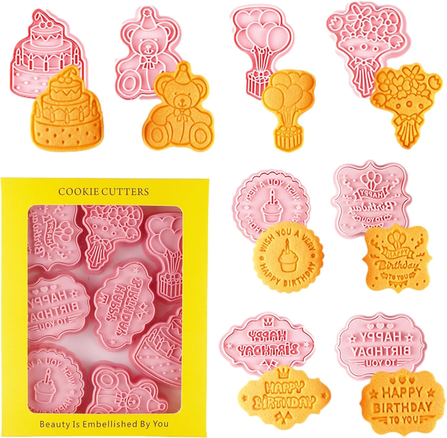 8PCS Happy Birthday Cookie Cutter Sets 3D Plastic Cookie Cutters with Plunger Stamps Pressable Biscuit Mold Cookie Molds Cake Baking Fondant Cutter Birthday Party DIY Cookie Decorating Supplies(C)