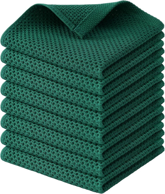 Kitinjoy 100% Cotton Kitchen Dish Cloths, 8 Pack Waffle Weave Ultra Soft Absorbent Dish Towels for Drying Dishes Quick Drying Kitchen Towels Dish Rags, 12 X 12 Inches, Dark Green