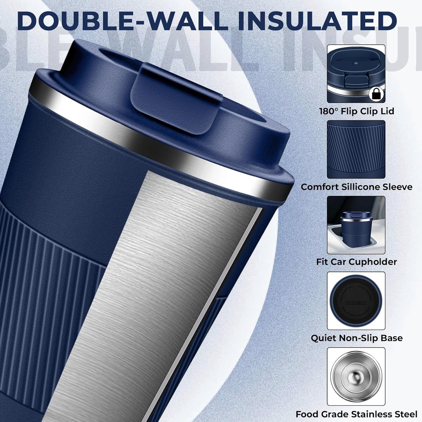 Insulated Coffee Tumbler 12 oz, Stainless Steel Coffee Mug with Lids, Travel Coffee Mug Leak Proof, Double Wall Vacuum Insulated Reusable Coffee Cup, Keep Drinks Hot and Cold (Navy Blue, 12 Ounces)