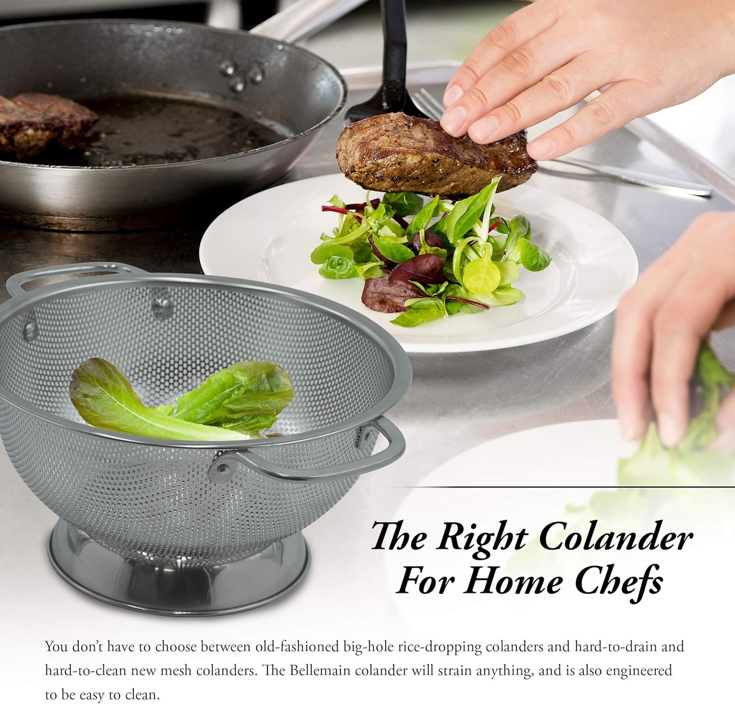 Bellemain 3 Qt Metal Colander with Handle | Pasta, Spaghetti, Berry, Fruit, Vegetable, Kitchen Food Strainer Basket | 18/8 Stainless Steel Colander Bowl | Pot Drainer for Cooking, Sifter Strainer