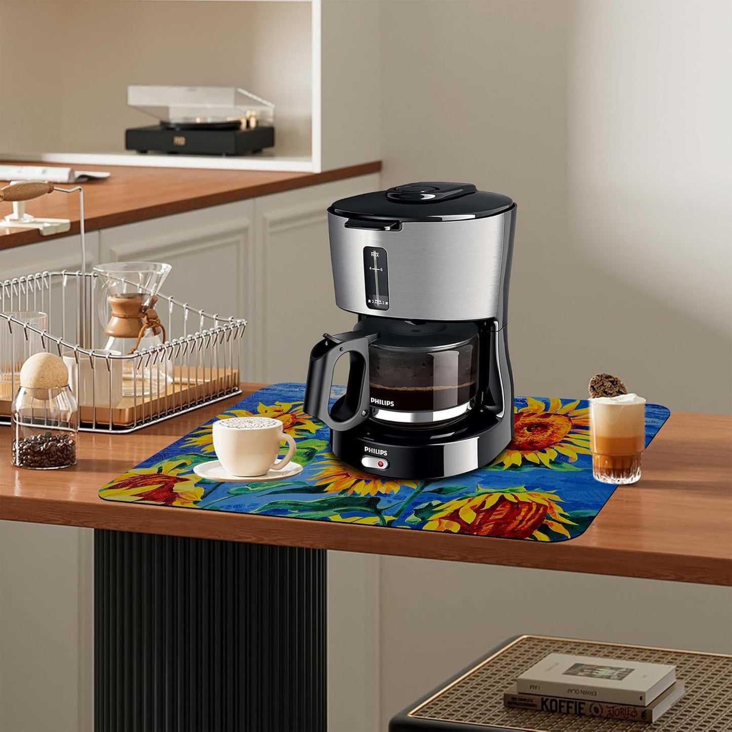 Kitchen Mat Oil Painting Sunflowers Dish Drying Mat 12"x19" Bsorbent Coffee Maker Mat for Sink Dishes or Under Rack Kitchen Counter Accessories Absorbent Hide Stain Rubber Backed Dish Drying Pad