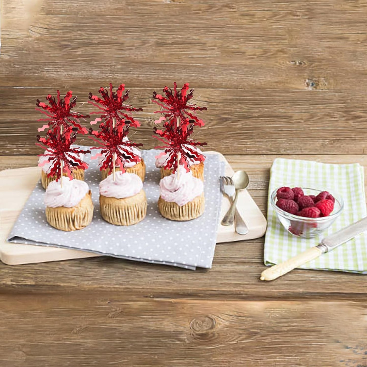 30 PCS Foil Firework Cupcake Toppers Sparkle Tinsel Cupcake Picks Happy Birthday Cake Toppers Drink Stirrers Cocktail Food Fruit Toothpicks for Baby Shower Birthday Party Decorations Supplies Red