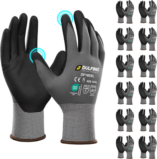 DULFINE Safety Work Gloves MicroFoam Nitrile Coated-12 Pairs Pack,Seamless Knit Nylon Glove with Black Micro-Foam Nitrile Grip,Ideal for General Purpose,Automotive,Home Improvement,Painting(XX-Large)