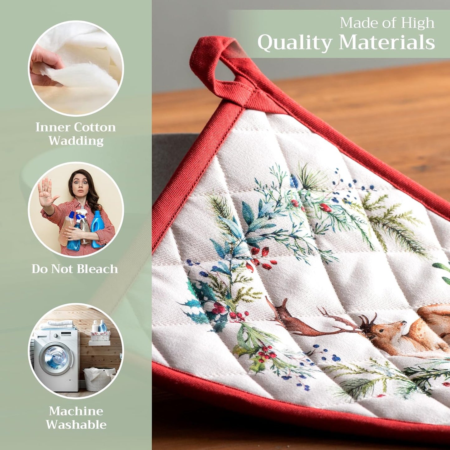 Maison d' Hermine Pot Holders Set 100% Cotton Heat Resistant Potholders 8" x 8" Hot Pads with Loop BBQ, Cooking, Baking, Grilling, Kitchen, Handling Hot Pans (Pack of 2, Holly Time)