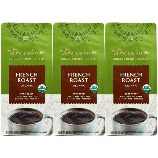 Teeccino French Roast Chicory Coffee Alternative - 11 Ounce - Ground Herbal Coffee That’s Prebiotic, Caffeine-Free & Acid Free, Dark Roast, (Pack of 3)