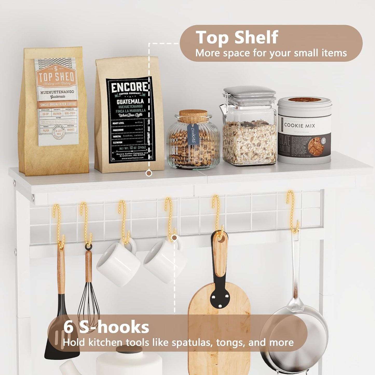 Furologee Kitchen Bakers Rack with Hutch, Coffee Bar Station 4 Tiers, Microwave Oven Stand with 6 S Hooks and Pegboard, Kitchen Microwave Rack for Spice Organizer Workstation, White