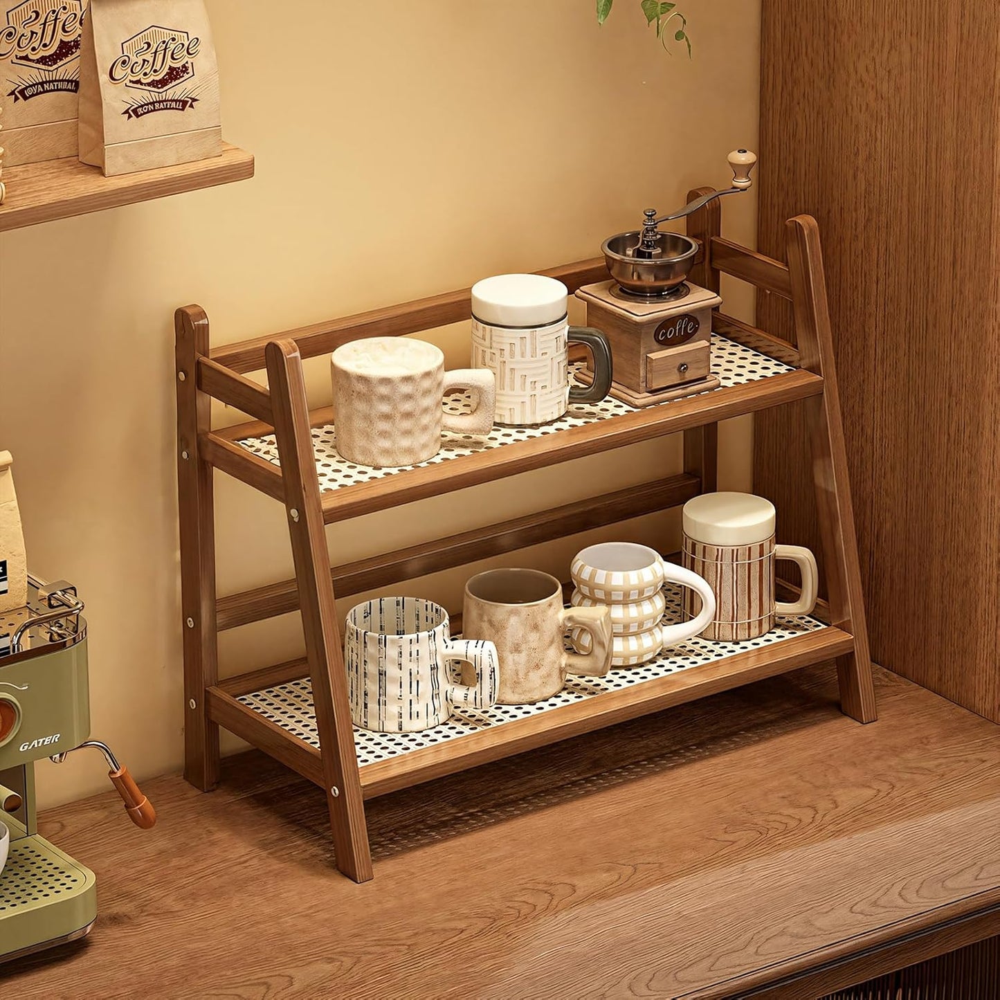Wicker-Look Coffee Station Organizer, Bamboo Mug Holder Countertop, Kitchen Counter Shelf for Tea Coffee Bar Accessories, Matcha Stand, Cup Display, Condiment Storage Rack, 2 Tier, Brown