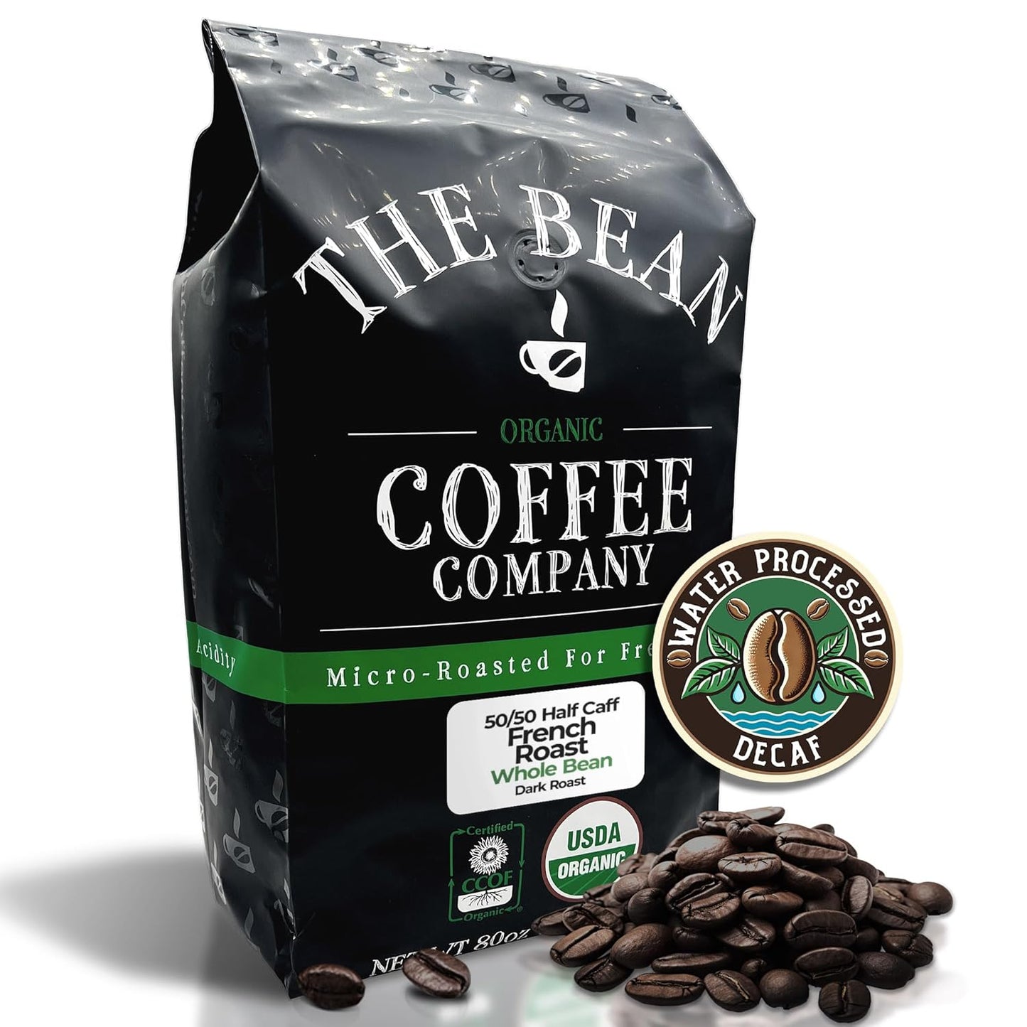 The Bean Organic Coffee Company 50/50 French Roast, 50% Decaf, Dark Roast, Whole Bean Coffee, 5-Pound Bag, USDA Organic Certified