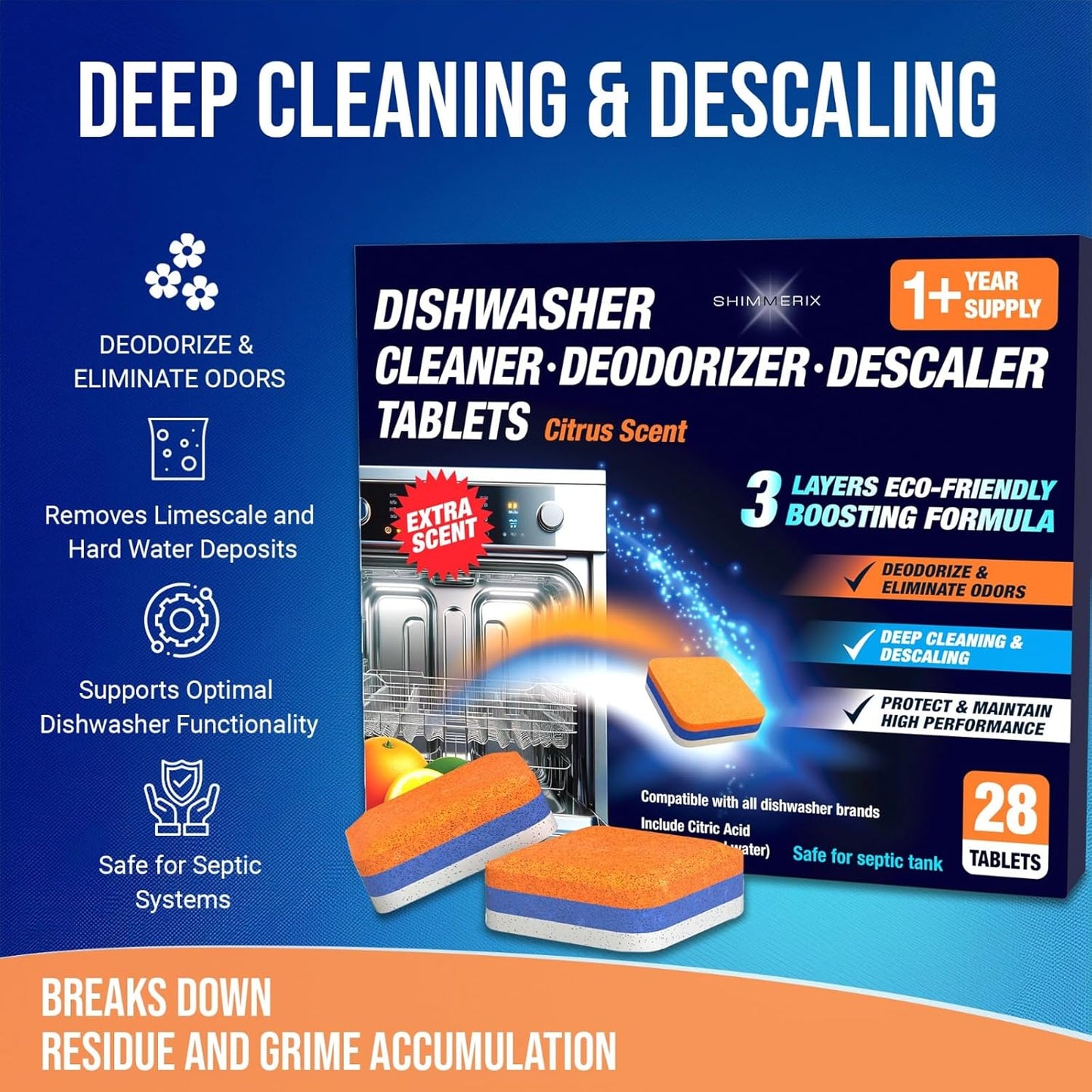 Dishwasher Cleaner Deodorizer Descaler Tablets - 28 Tabs - 1 Plus Year Supply - Extra Scented Deep Cleaning Sanitizer Pods - Remove Hard Water - Contain Citric Acid Heavy Duty Septic Safe - Citrus