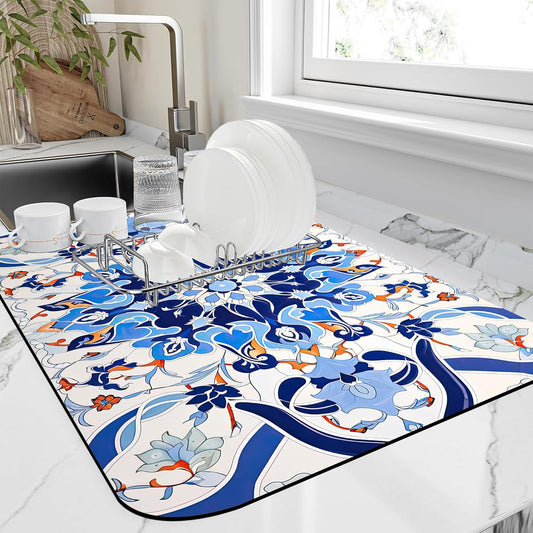 Dish Drying Mat Mandala Blue Floral Kitchen Mat 12"x19" Bsorbent Coffee Maker Mat for Dishes,Utensils Coffee Maker Pots and Pans Easy Clean Dish Slip Resistant Pad