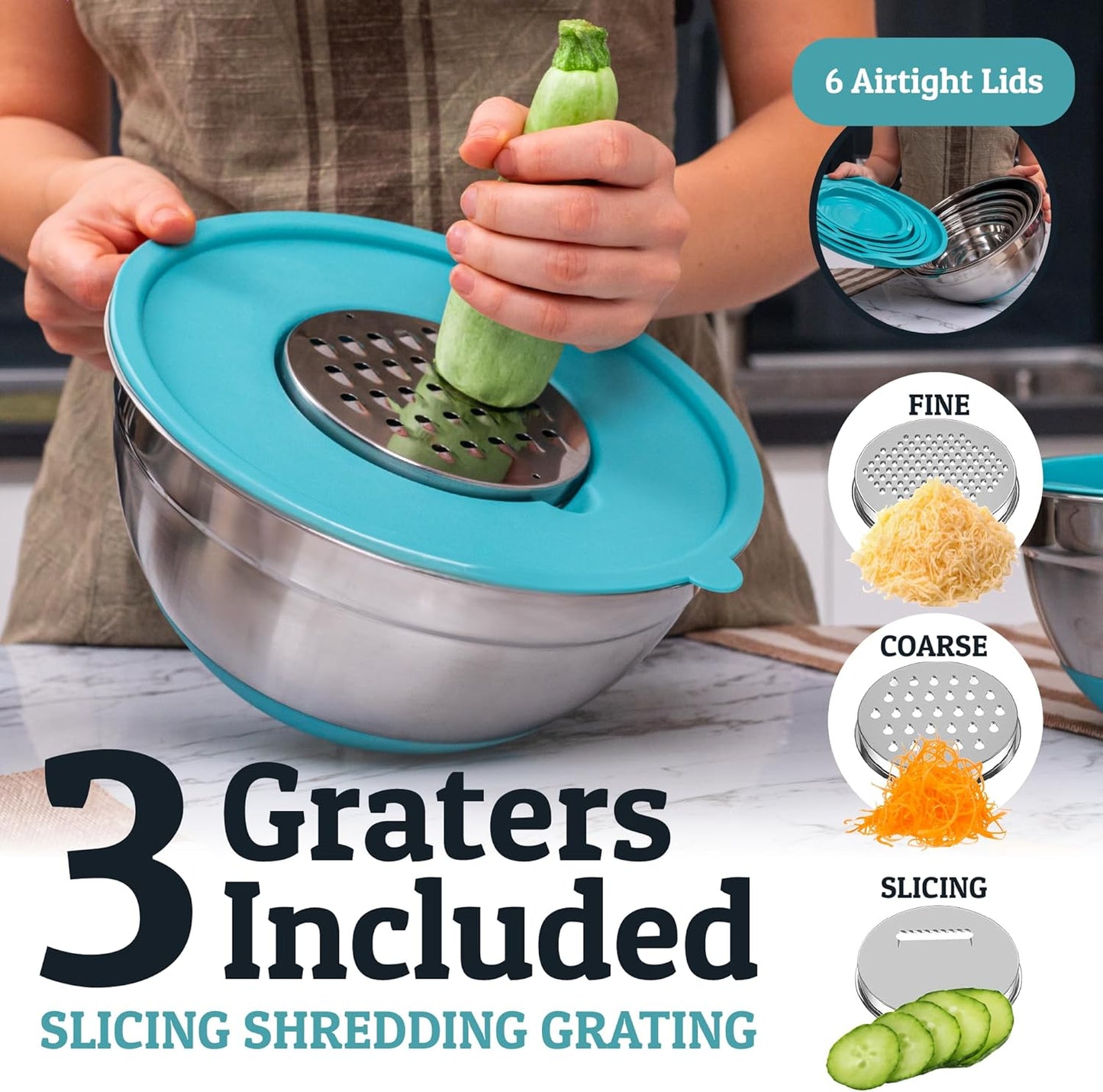 Priority Chef 6Pc Large Mixing Bowls With Lids Set with Non-Slip Bases, Stainless Steel Mixing Bowl Set, 6 Airtight Lids and 3 Graters, Turquoise