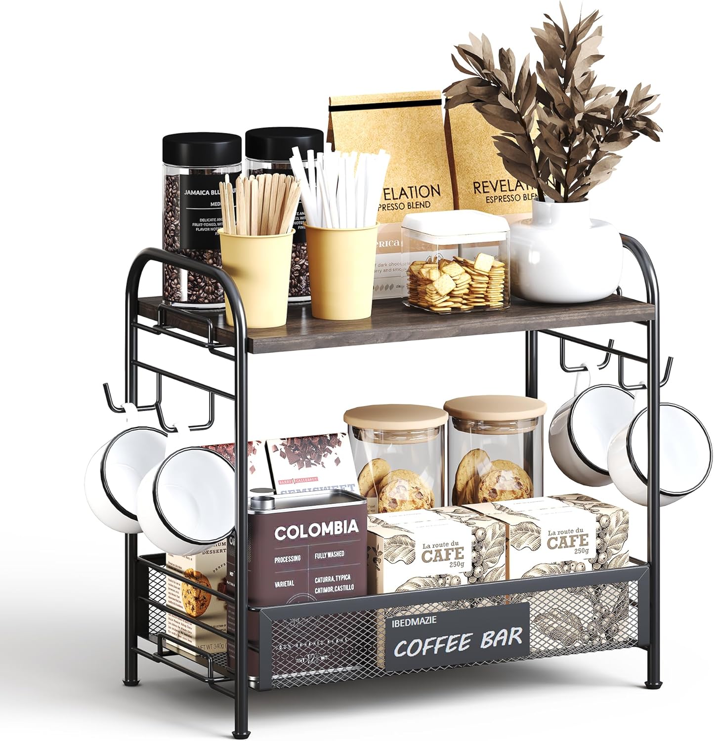 Coffee Bar Organizer for Countertop Station, Simple Assembly 2 Tier Shelf for Home,Office, Coffee Cup Holder Storage Organization for Counter Accessory Storage Rack with 4 Hooks Space-Saving