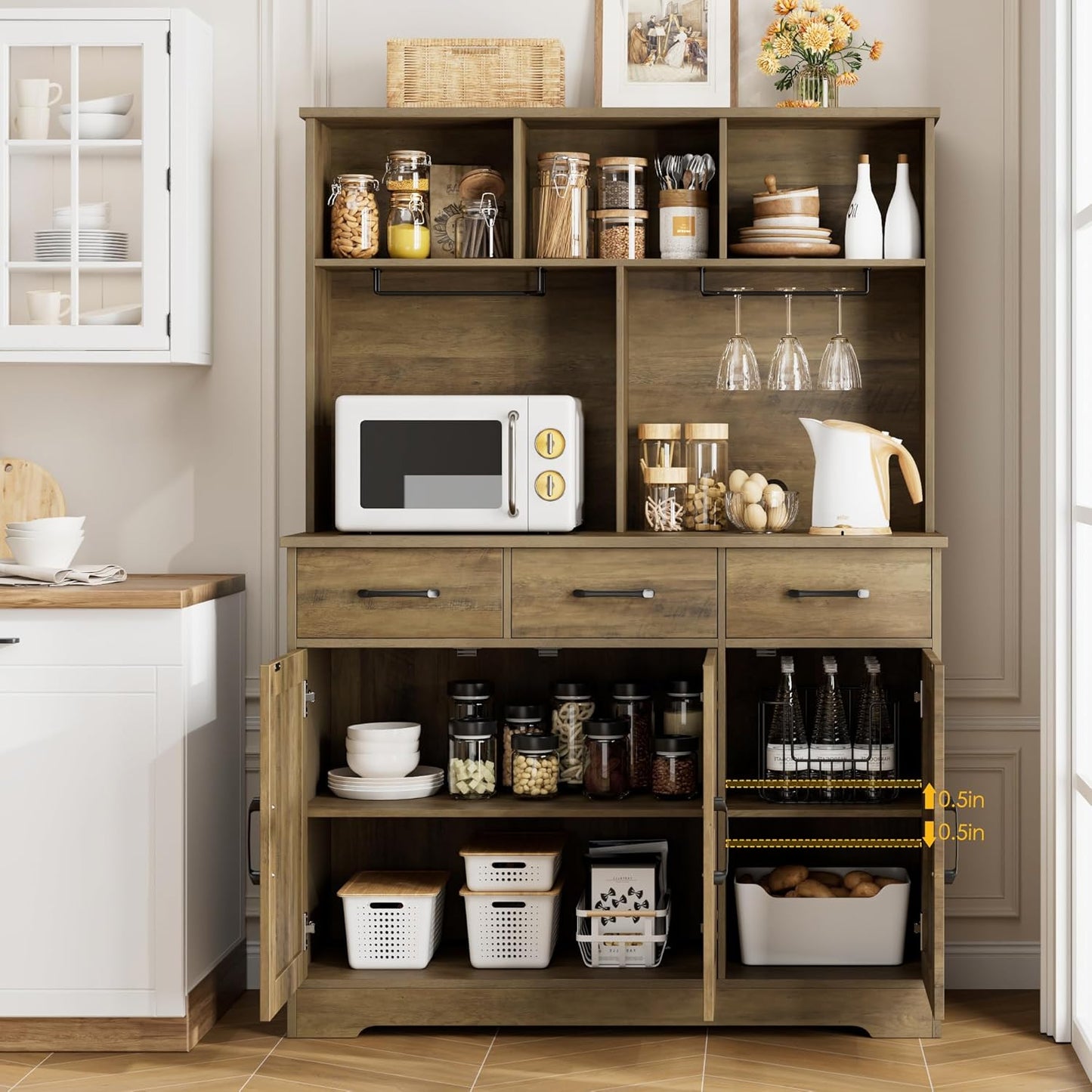 HOSTACK Buffet Cabinet with Hutch, Modern Farmhouse Kitchen Buffet Sideboard Storage Cabinet with 3 Drawers, Barn Door Coffee Bar Station for Dining Room, Living Room, Rustic Brown